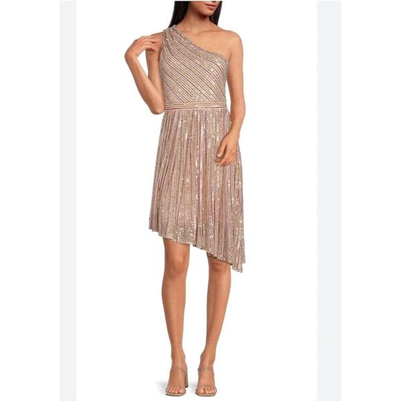 Laundry by Shelli Segal Striped Sequin One-Shoulder Asymmetrical Cocktail Rainbo - Picture 1 of 4